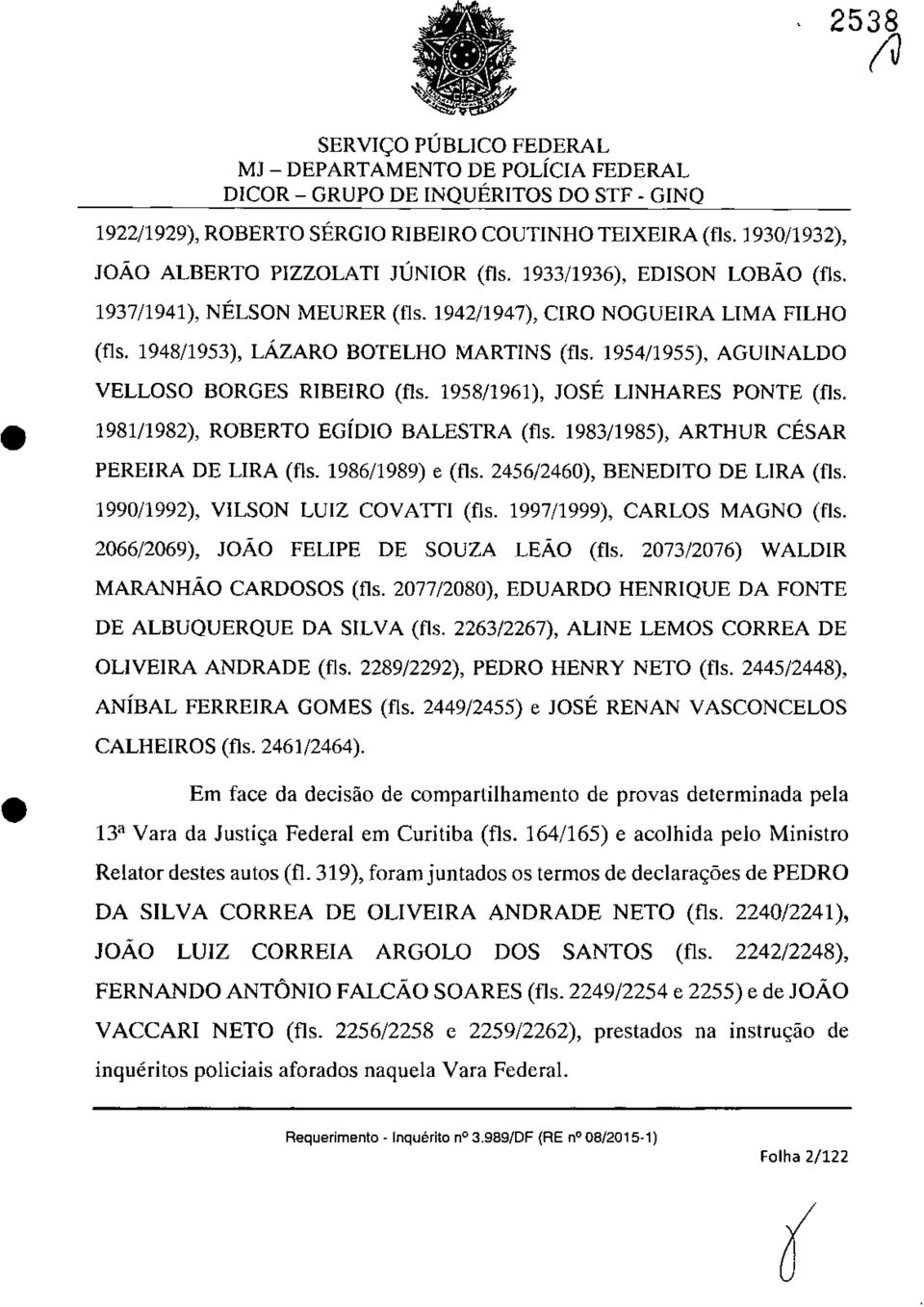 1958/1961), JOSE LINHARES PONTE (fis. 1981/1982), ROBERTO EGÎDIO BALESTRA (fis. 1983/1985), ARTHUR CESAR PEREIRA DE LIRA (fis. 1986/1989) e (fis. 2456/2460), BENEDITO DE LIRA (fis.