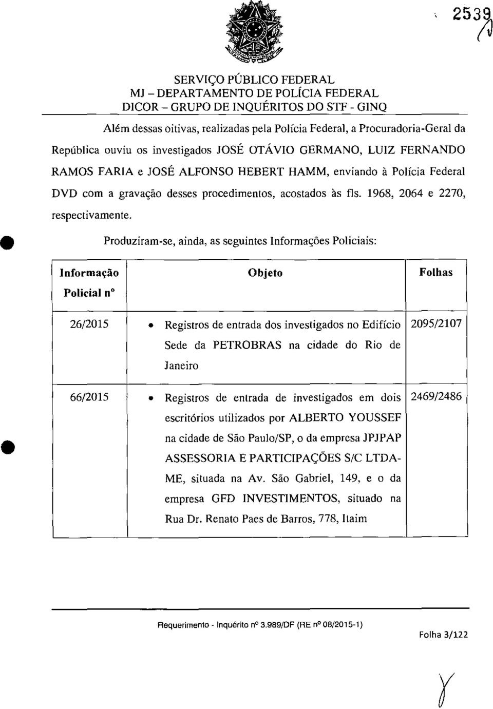 os investigados JOSE OTAvIO GERMANO, LUIZ FERNANDO RAMOS FARIA e JOSE ALFONSO HEBERT HAMM, enviando il Policia Federal DVD corn a grava~ao desses procedimentos, acostados as fis.