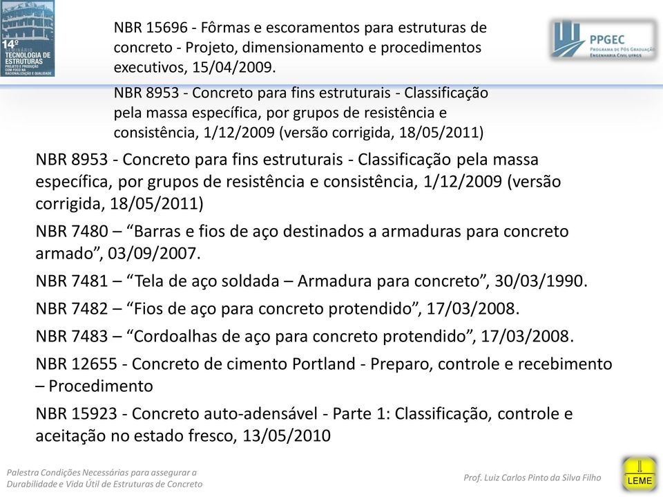 estruturais - Classificação pela massa específica, por grupos de resistência e consistência, 1/12/2009 (versão corrigida, 18/05/2011) NBR 7480 Barras e fios de aço destinados a armaduras para