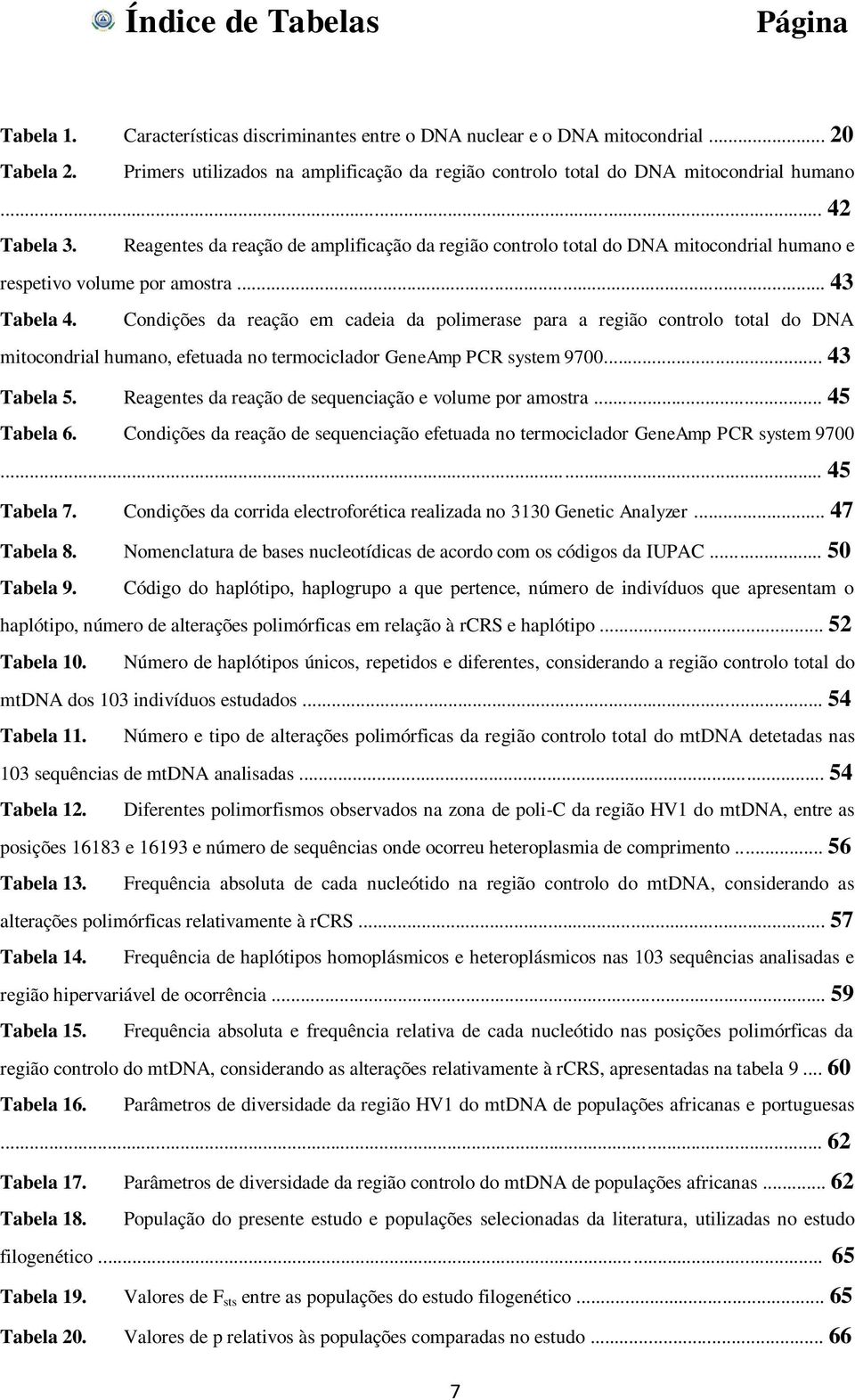 Reagentes da reação de amplificação da região controlo total do DNA mitocondrial humano e respetivo volume por amostra... 43 Tabela 4.