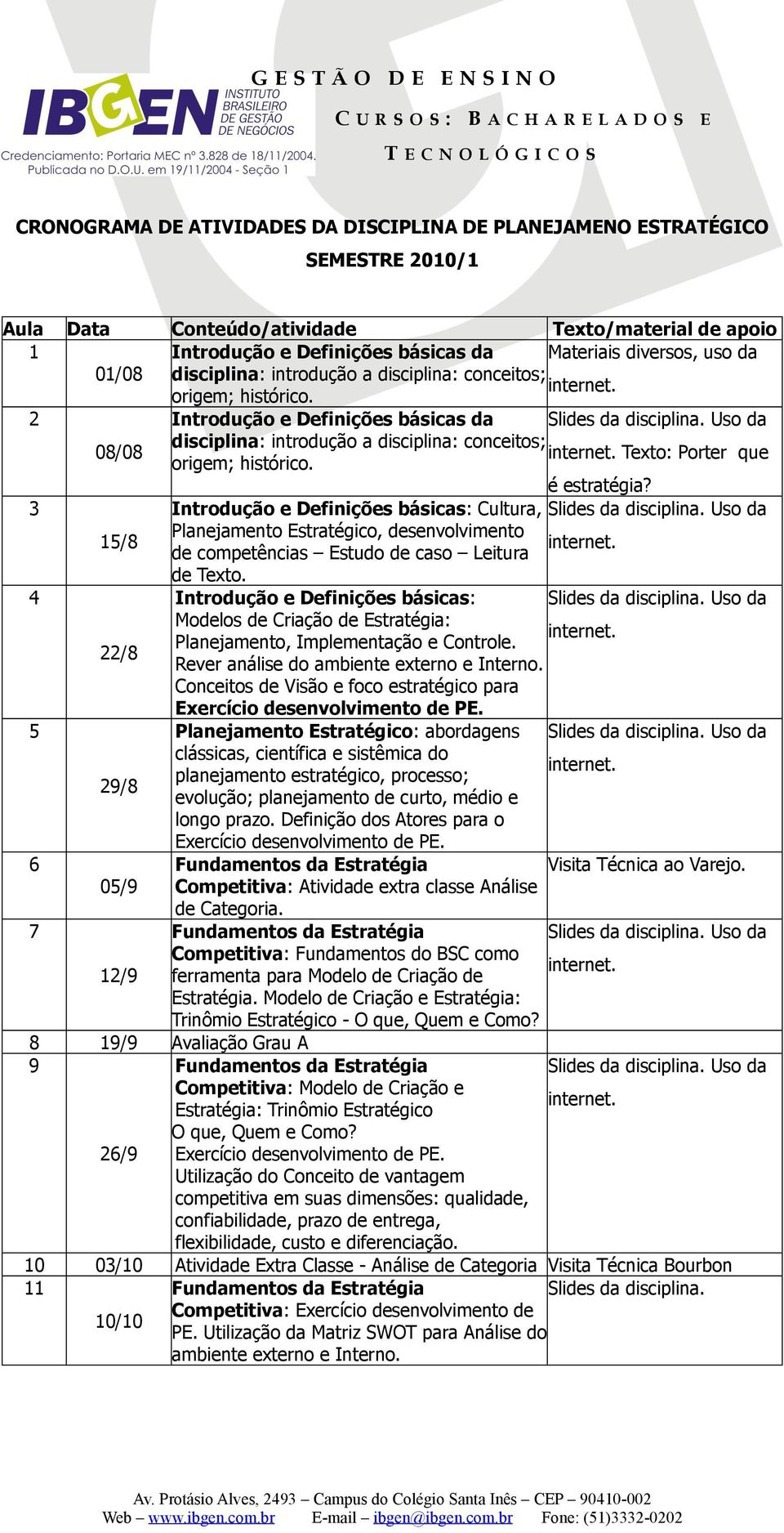 2 Introdução e Definições básicas da Uso da 08/08 disciplina: introdução a disciplina: conceitos; Texto: Porter que origem; histórico. é estratégia?