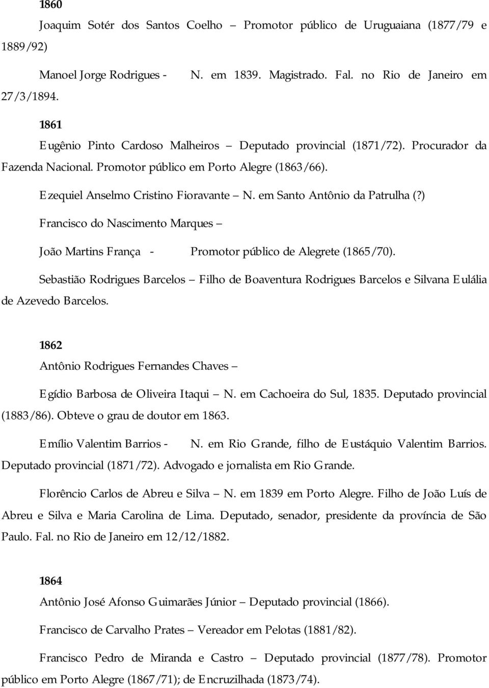 Ezequiel Anselmo Cristino Fioravante N. em Santo Antônio da Patrulha (?) Francisco do Nascimento Marques João Martins França - Promotor público de Alegrete (1865/70).