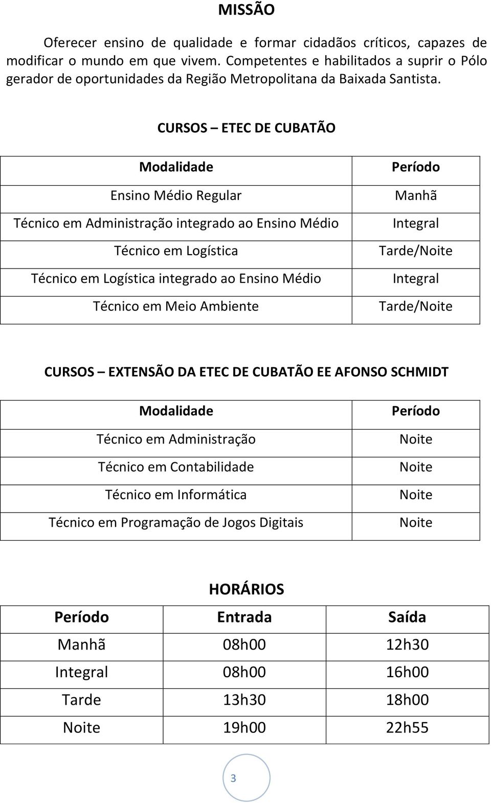 CURSOS ETEC DE CUBATÃO Modalidade Ensino Médio Regular Técnico em Administração integrado ao Ensino Médio Técnico em Logística Técnico em Logística integrado ao Ensino Médio Técnico em Meio