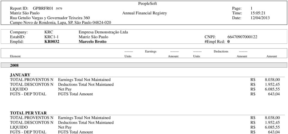 Deductions -------- Element Units Amount Units Amount Amount 2008 JANUARY TOTAL PROVENTOS N Earnings Total Not Maintained R$ 8.038,00 TOTAL DESCONTOS N Deductions Total Not Maintaned R$ 1.