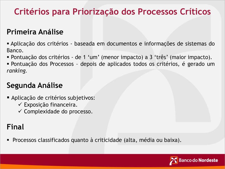 Pontuação dos Processos depois de aplicados todos os critérios, é gerado um ranking.