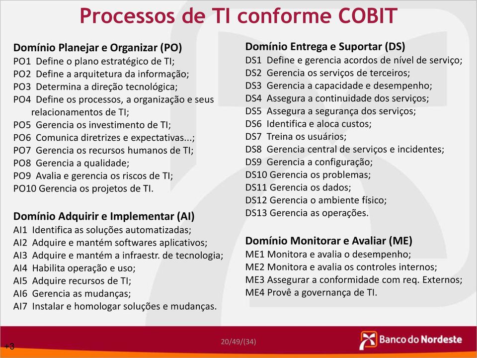 ..; PO7 Gerencia os recursos humanos de TI; PO8 Gerencia a qualidade; PO9 Avalia e gerencia os riscos de TI; PO10 Gerencia os projetos de TI.