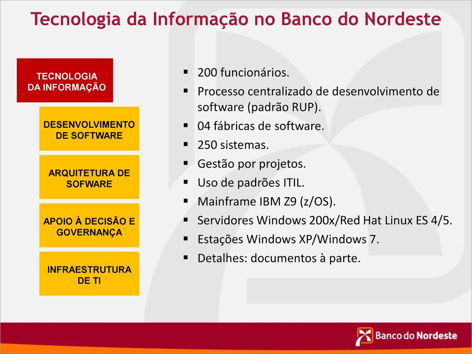 Processo centralizado de desenvolvimento de software (padrão RUP). 04 fábricas de software. 250 sistemas.