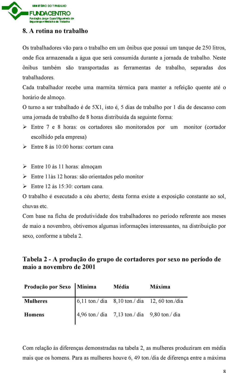 O turno a ser trabalhado é de 5X1, isto é, 5 dias de trabalho por 1 dia de descanso com uma jornada de trabalho de 8 horas distribuída da seguinte forma: Entre 7 e 8 horas: os cortadores são