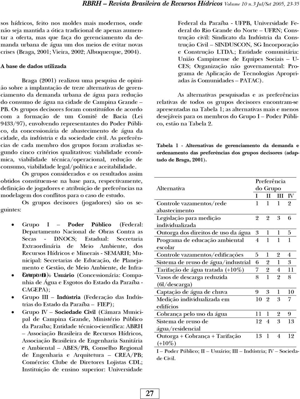 A base de dados utilizada Braga (2001) realizou uma pesquisa de opinião sobre a implantação de treze alternativas de gerenciamento da demanda urbana de água para redução do consumo de água na cidade