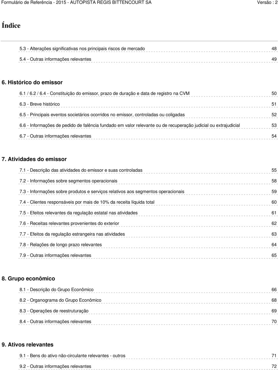 6 - Informações de pedido de falência fundado em valor relevante ou de recuperação judicial ou extrajudicial 53 6.7 - Outras informações relevantes 54 7. Atividades do emissor 7.