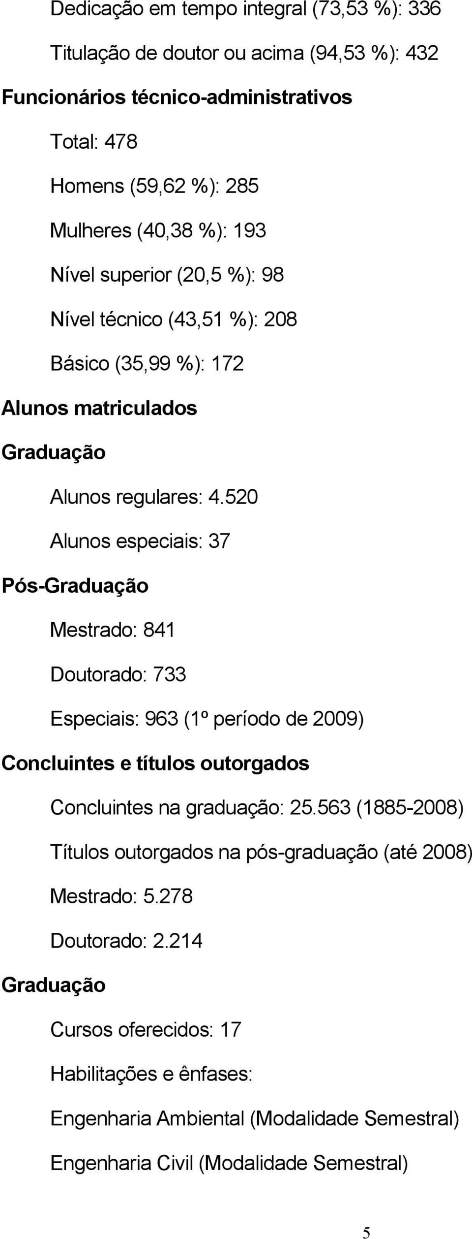 520 Alunos especiais: 37 Pós-Graduação Mestrado: 841 Doutorado: 733 Especiais: 963 (1º período de 2009) Concluintes e títulos outorgados Concluintes na graduação: 25.