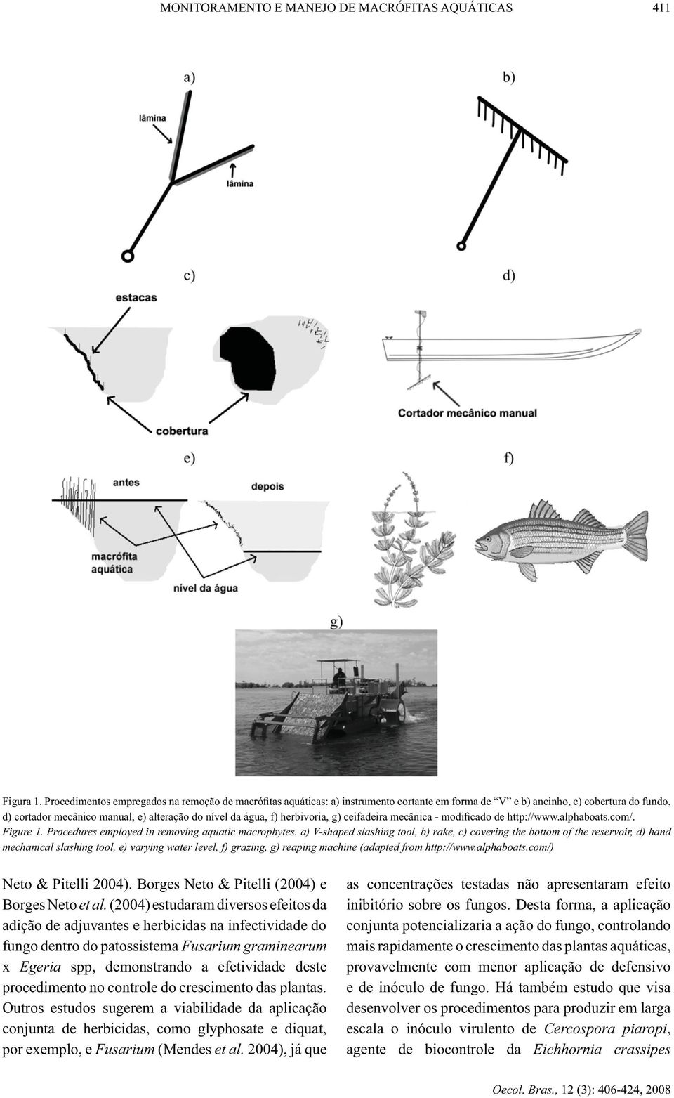 herbivoria, g) ceifadeira mecânica - modificado de http://www.alphaboats.com/. Figure 1. Procedures employed in removing aquatic macrophytes.