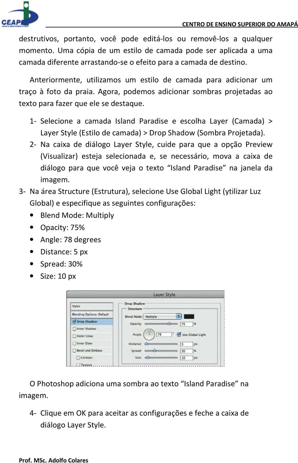 1- Selecione a camada Island Paradise e escolha Layer (Camada) > Layer Style (Estilo de camada) > Drop Shadow (Sombra Projetada).