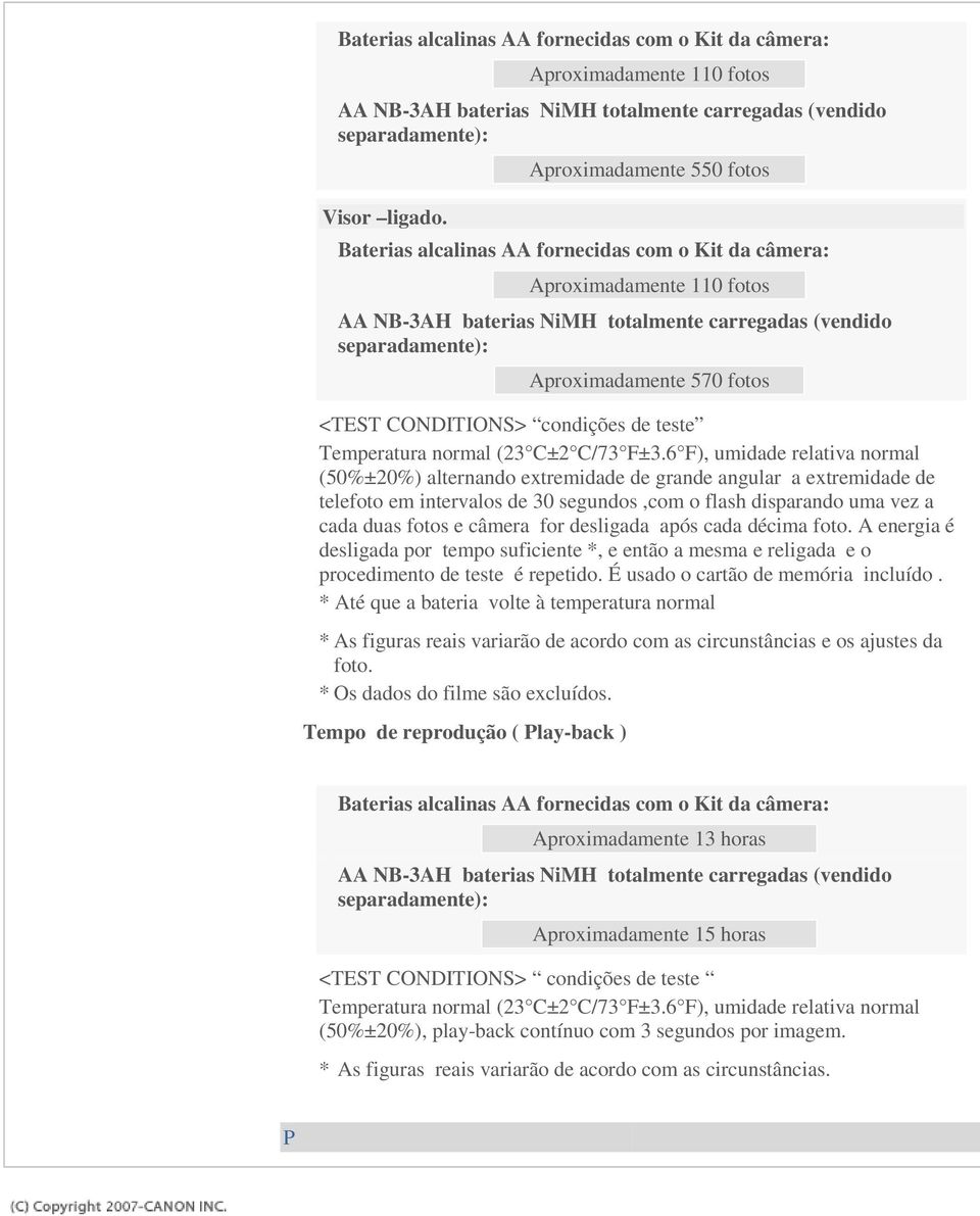 fotos <TEST CONDITIONS> condições de teste Temperatura normal (23 C±2 C/73 F±3.