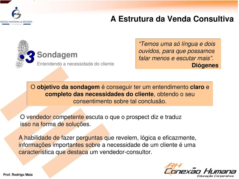 Diógenes O objetivo da sondagem é conseguir ter um entendimento claro e completo das necessidades do cliente, obtendo o seu consentimento sobre