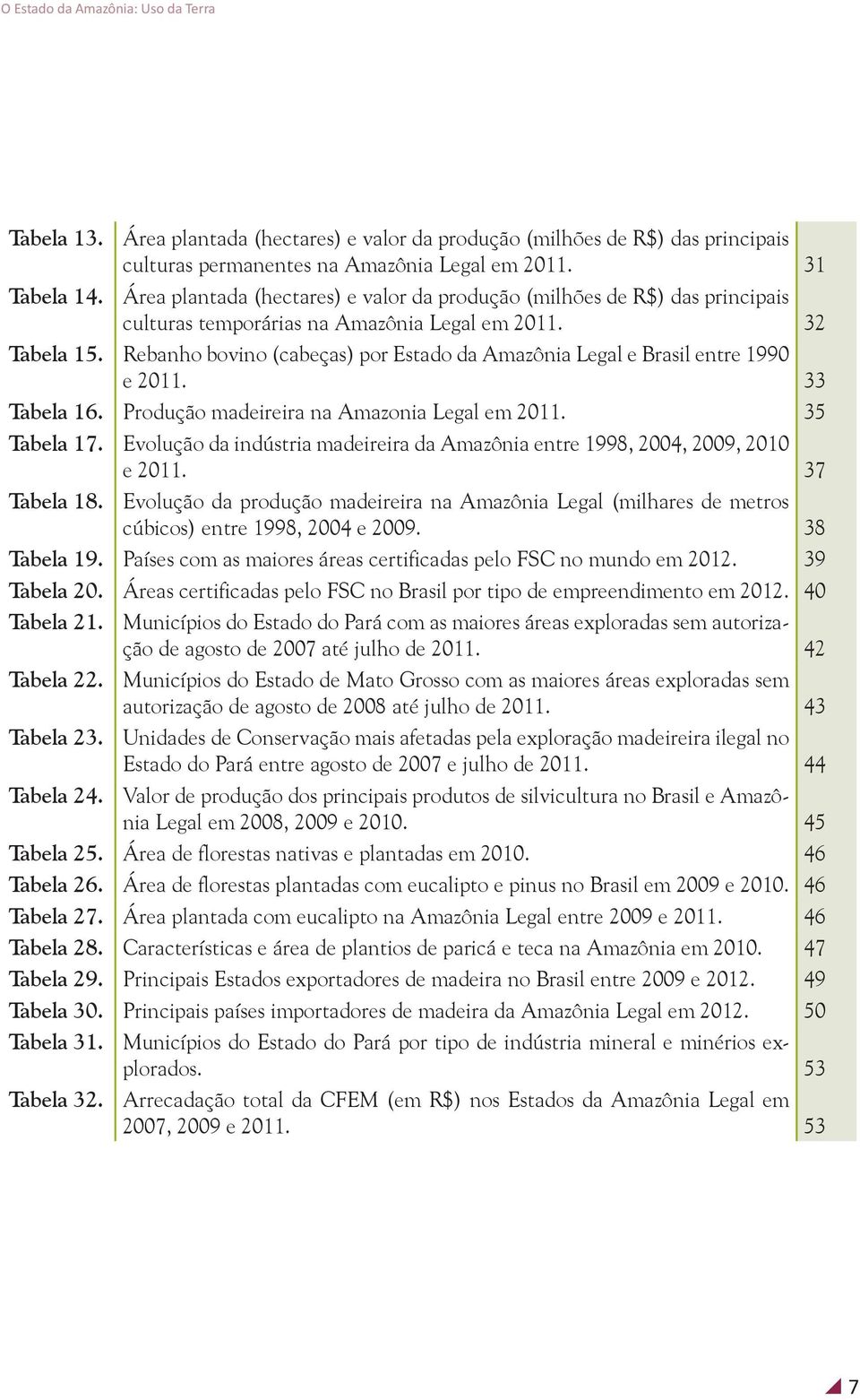 Rebanho bovino (cabeças) por Estado da Amazônia Legal e Brasil entre 1990 e 2011. 33 Tabela 16. Produção madeireira na Amazonia Legal em 2011. 35 Tabela 17.