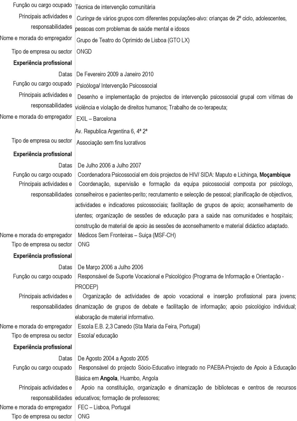 de projectos de intervenção psicossocial grupal com vítimas de violência e violação de direitos humanos; Trabalho de co-terapeuta; Nome e morada do empregador EXIL Barcelona Av.