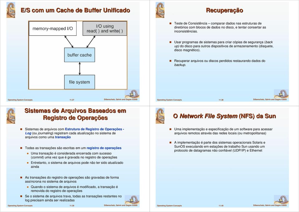 Recuperar arquivos ou discos perdidos restaurando dados do backup. 11.37 Silberschatz, Galvin and Gagne 2005 11.