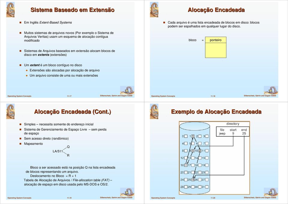 de disco em extents (extensões) Um extent é um bloco contíguo no disco Extensões são alocadas por alocação de arquivo Um arquivo consiste de uma ou mais extensões 11.