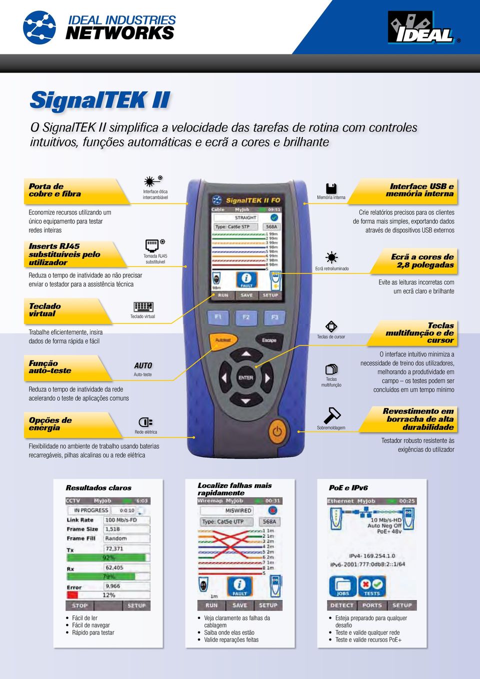 através de dispositivos USB externos Inserts RJ45 substituíveis pelo utilizador Reduza o tempo de inatividade ao não precisar enviar o testador para a assistência técnica Teclado virtual Trabalhe