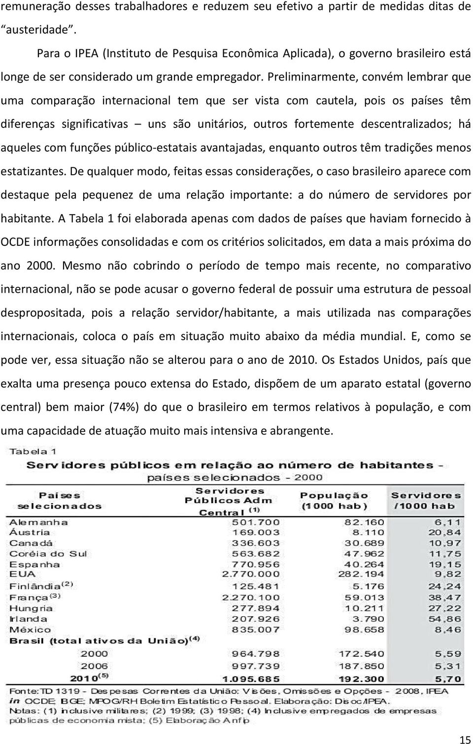 Preliminarmente, convém lembrar que uma comparação internacional tem que ser vista com cautela, pois os países têm diferenças significativas uns são unitários, outros fortemente descentralizados; há