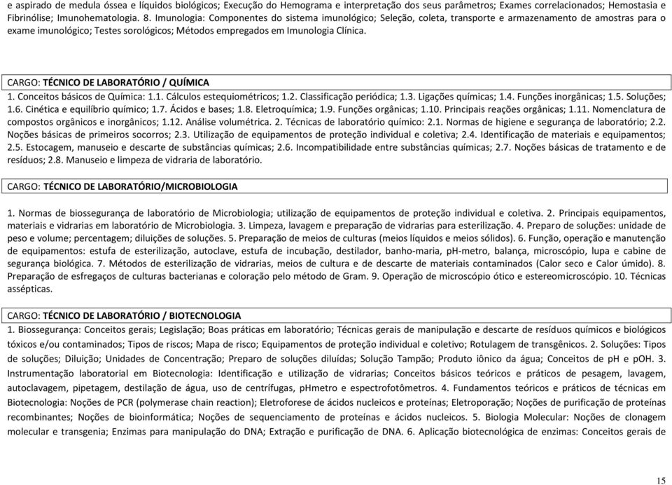 CARGO: TÉCNICO DE LABORATÓRIO / QUÍMICA 1. Conceitos básicos de Química: 1.1. Cálculos estequiométricos; 1.2. Classificação periódica; 1.3. Ligações químicas; 1.4. Funções inorgânicas; 1.5.