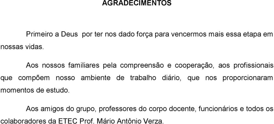 Aos nossos familiares pela compreensão e cooperação, aos profissionais que compõem nosso