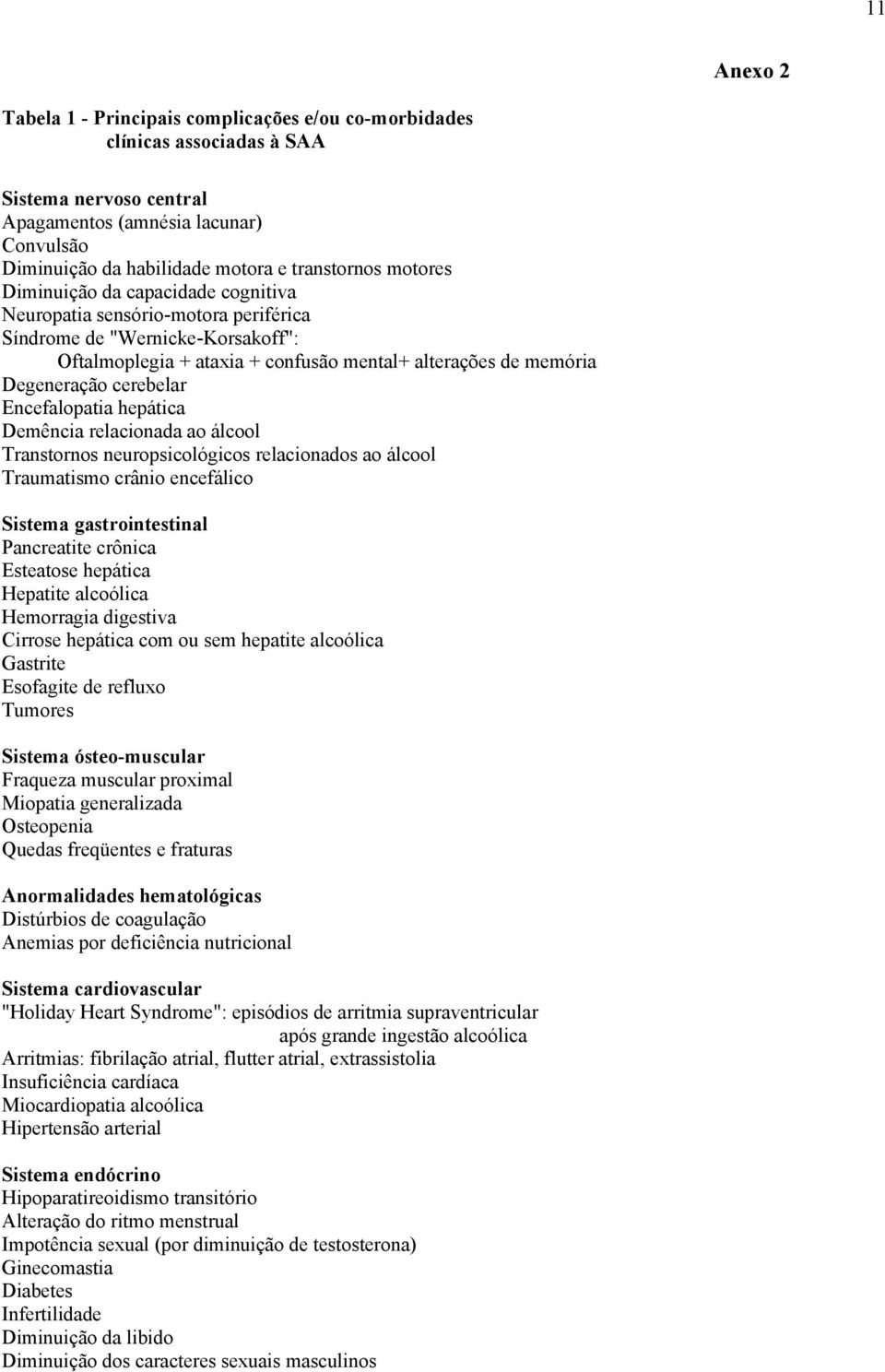 Degeneração cerebelar Encefalopatia hepática Demência relacionada ao álcool Transtornos neuropsicológicos relacionados ao álcool Traumatismo crânio encefálico Sistema gastrointestinal Pancreatite