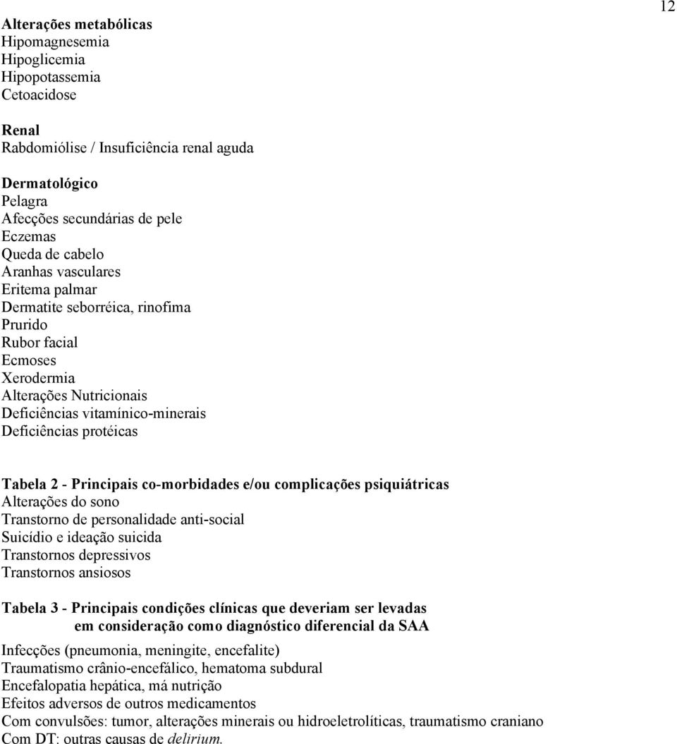 2 - Principais co-morbidades e/ou complicações psiquiátricas Alterações do sono Transtorno de personalidade anti-social Suicídio e ideação suicida Transtornos depressivos Transtornos ansiosos Tabela