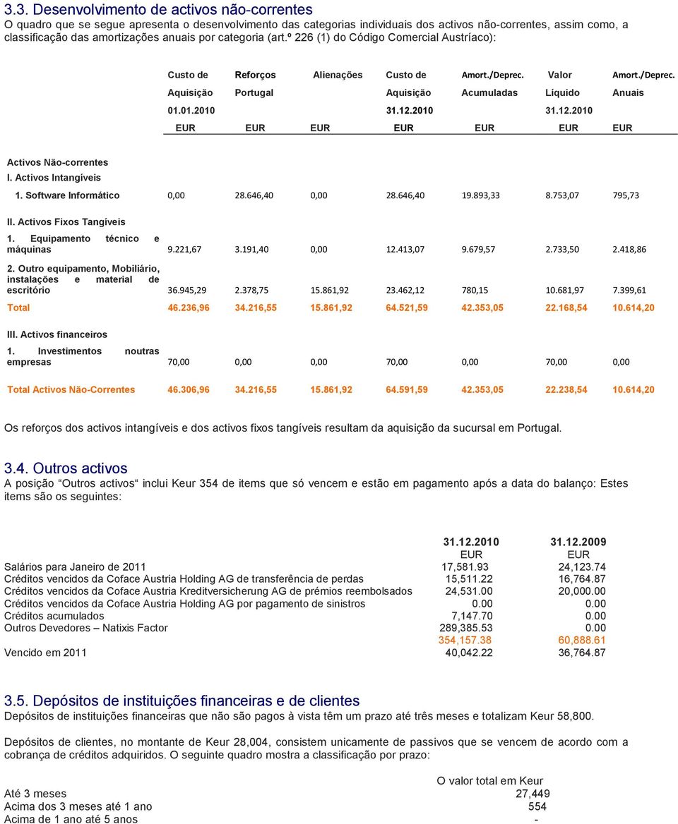 01.2010 31.12.2010 31.12.2010 Activos Não-correntes I. Activos Intangíveis 1. Software Informático 0,00 28.646,40 0,00 28.646,40 19.893,33 8.753,07 795,73 II. Activos Fixos Tangíveis 1.