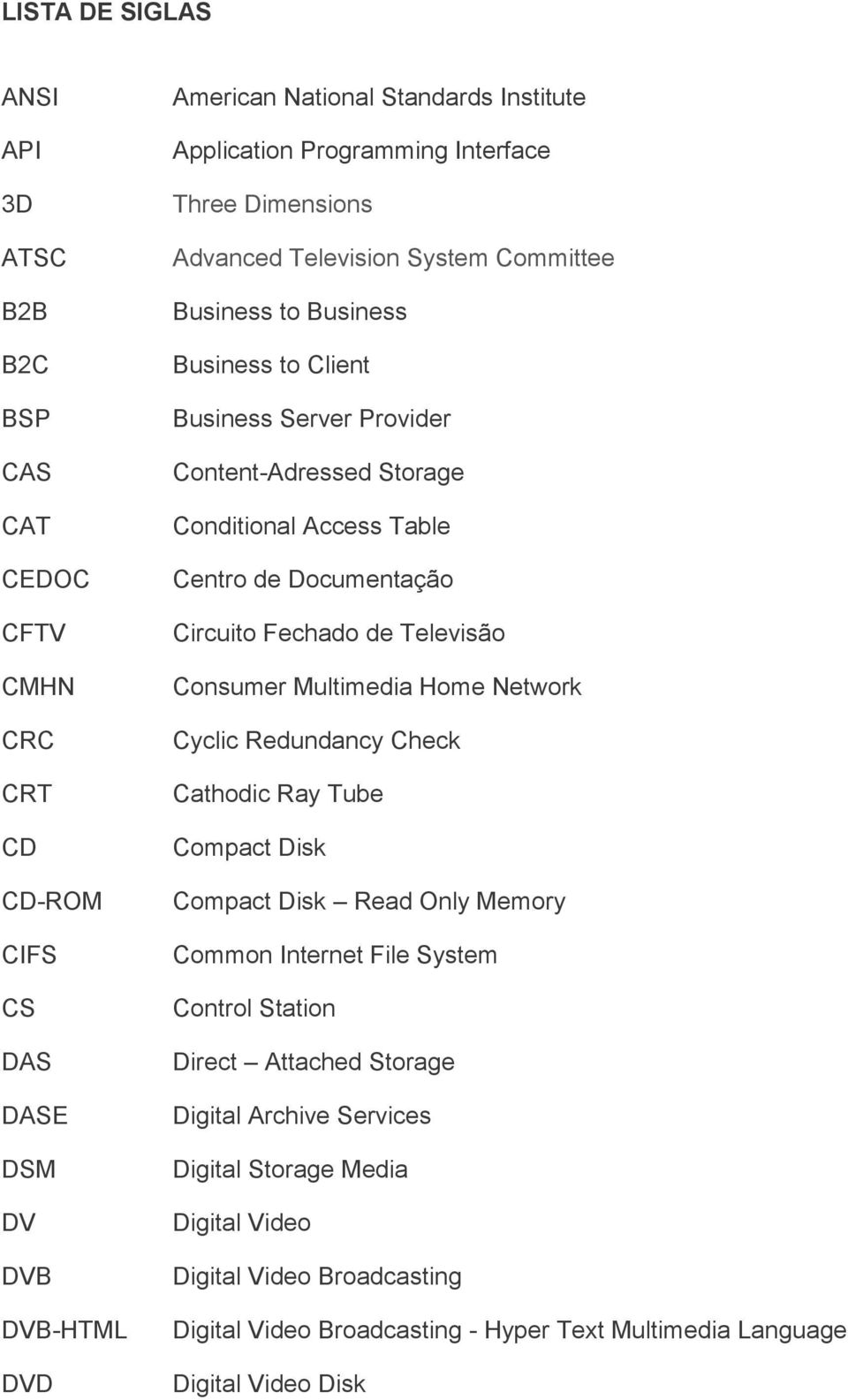 Documentação Circuito Fechado de Televisão Consumer Multimedia Home Network Cyclic Redundancy Check Cathodic Ray Tube Compact Disk Compact Disk Read Only Memory Common Internet File System