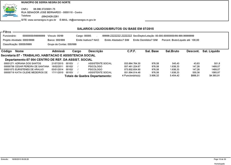 BrutoLiquido até 100,00 Classificação: 000009999 Grupo de Contas: 000999 Código Nome Admissã Cargo Descrição C..F. Sal.