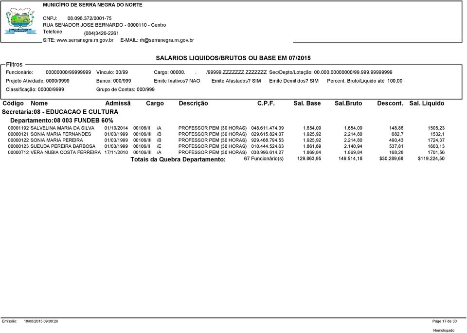 BrutoLiquido até 100,00 Classificação: 000009999 Grupo de Contas: 000999 Código Nome Admissã Cargo Descrição C..F. Sal.