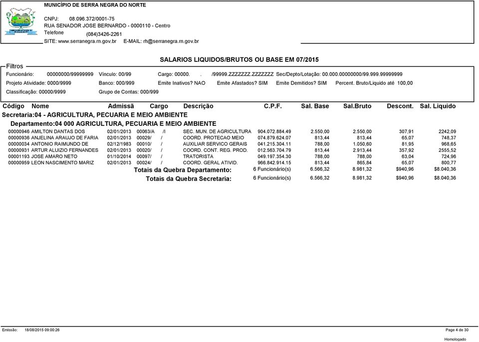 BrutoLiquido até 100,00 Classificação: 000009999 Grupo de Contas: 000999 Código Nome Admissã Cargo Descrição C..F. Sal.