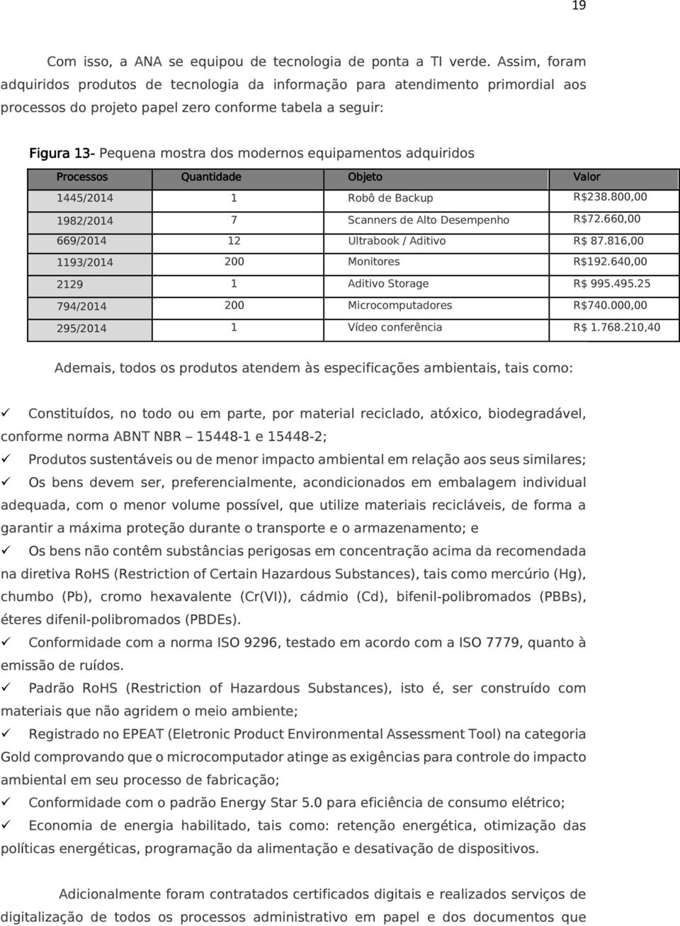 equipamentos adquiridos Processos Quantidade Objeto Valor 1445/2014 1 Robô de Backup R$238.800,00 1982/2014 7 Scanners de Alto Desempenho R$72.660,00 669/2014 12 Ultrabook / Aditivo R$ 87.