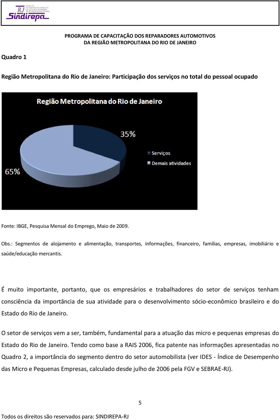 É muito importante, portanto, que os empresários e trabalhadores do setor de serviços tenham consciência da importância de sua atividade para o desenvolvimento sócio- econômico brasileiro e do Estado