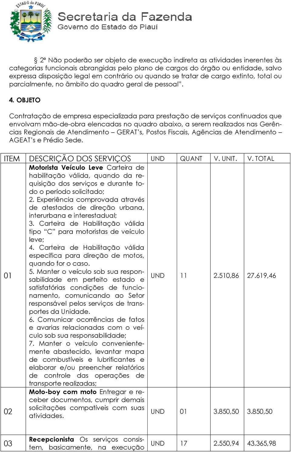 OBJETO Contratação de empresa especializada para prestação de serviços continuados que envolvam mão-de-obra elencadas no quadro abaixo, a serem realizados nas Gerências Regionais de Atendimento GERAT