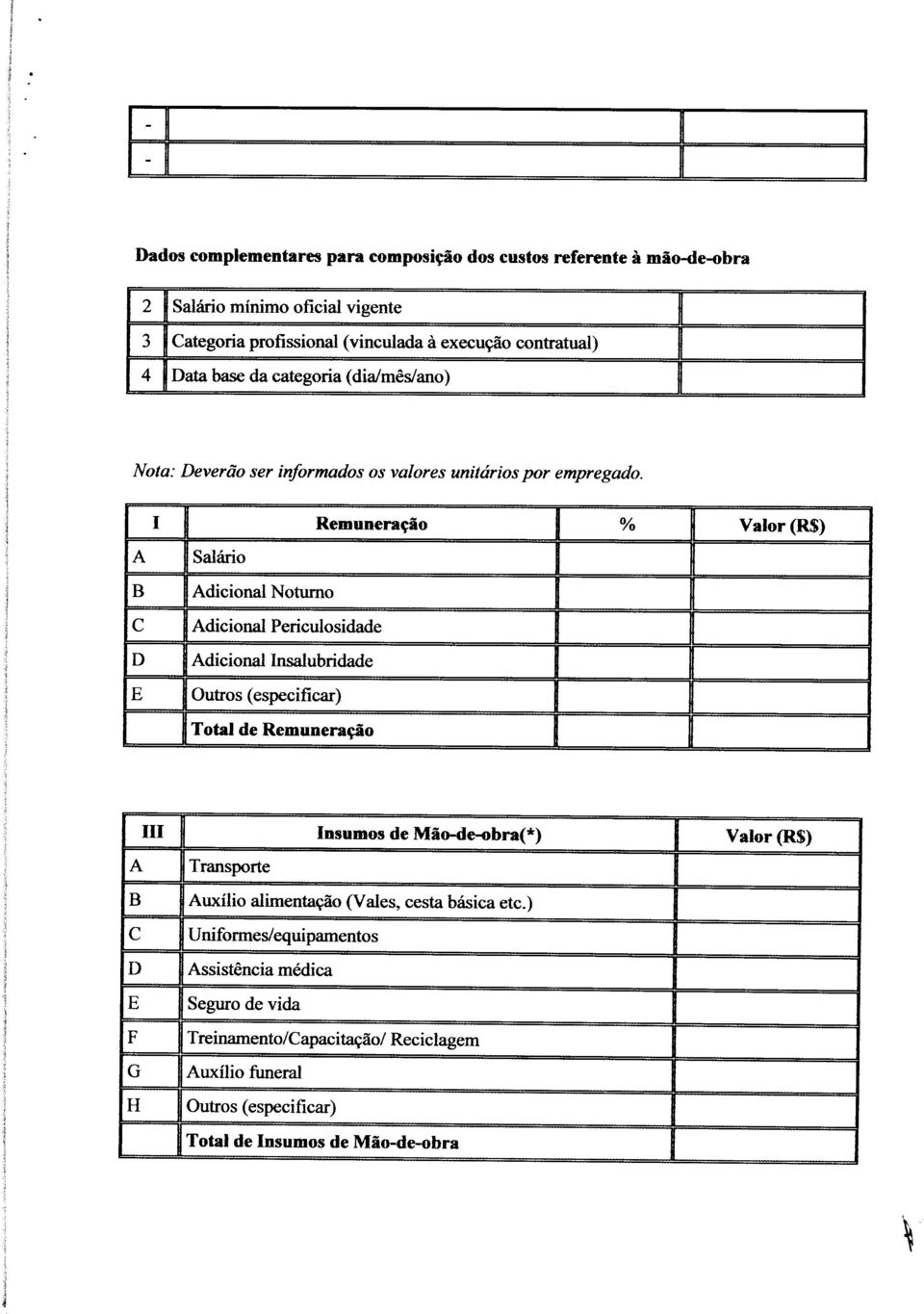 I Remuneração % Valor (R$) A B C D E Salário Adicional Noturno Adicional Periculosidade Adicional Insalubridade Outros (especificar) Total de Remuneração III A B C D E F G H