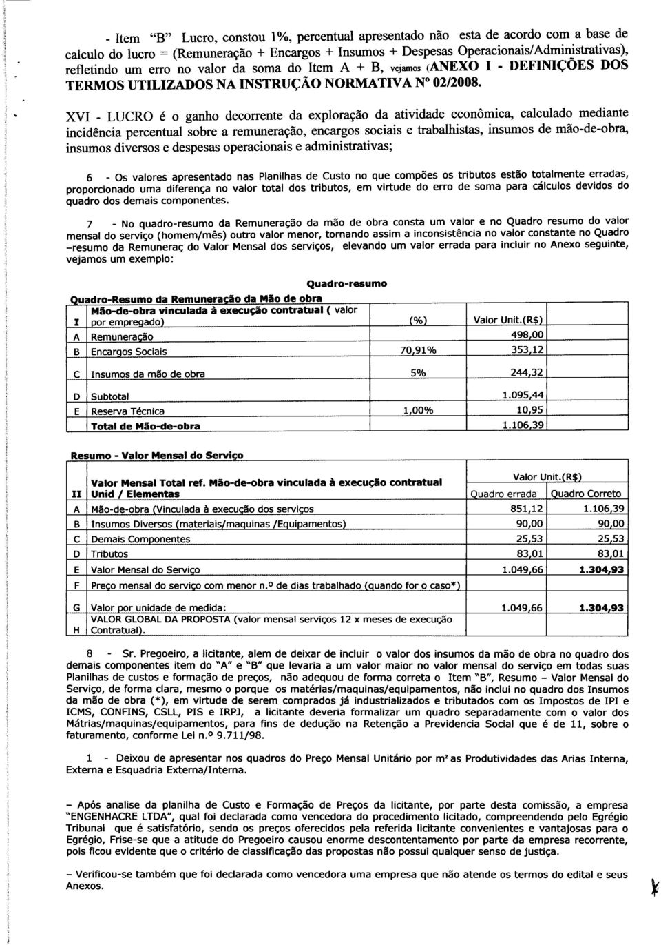 XVI - LUCRO é o ganho decorrente da exploração da atividade econômica, calculado mediante incidência percentual sobre a remuneração, encargos sociais e trabalhistas, insumos de mão-de-obra, insumos