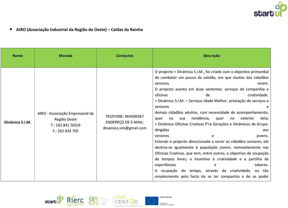 O projecto acenta em duas vertentes: serviços de companhia e oficinas de criatividade. + Dinâmica S.I.M.