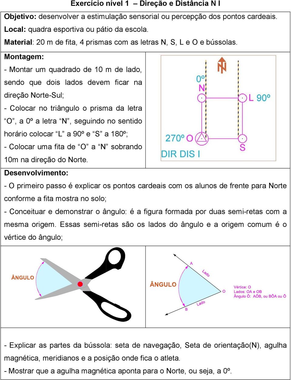 Montagem: - Montar um quadrado de 10 m de lado, sendo que dois lados devem ficar na direção Norte-Sul; - Colocar no triângulo o prisma da letra O, a 0º a letra N, seguindo no sentido horário colocar