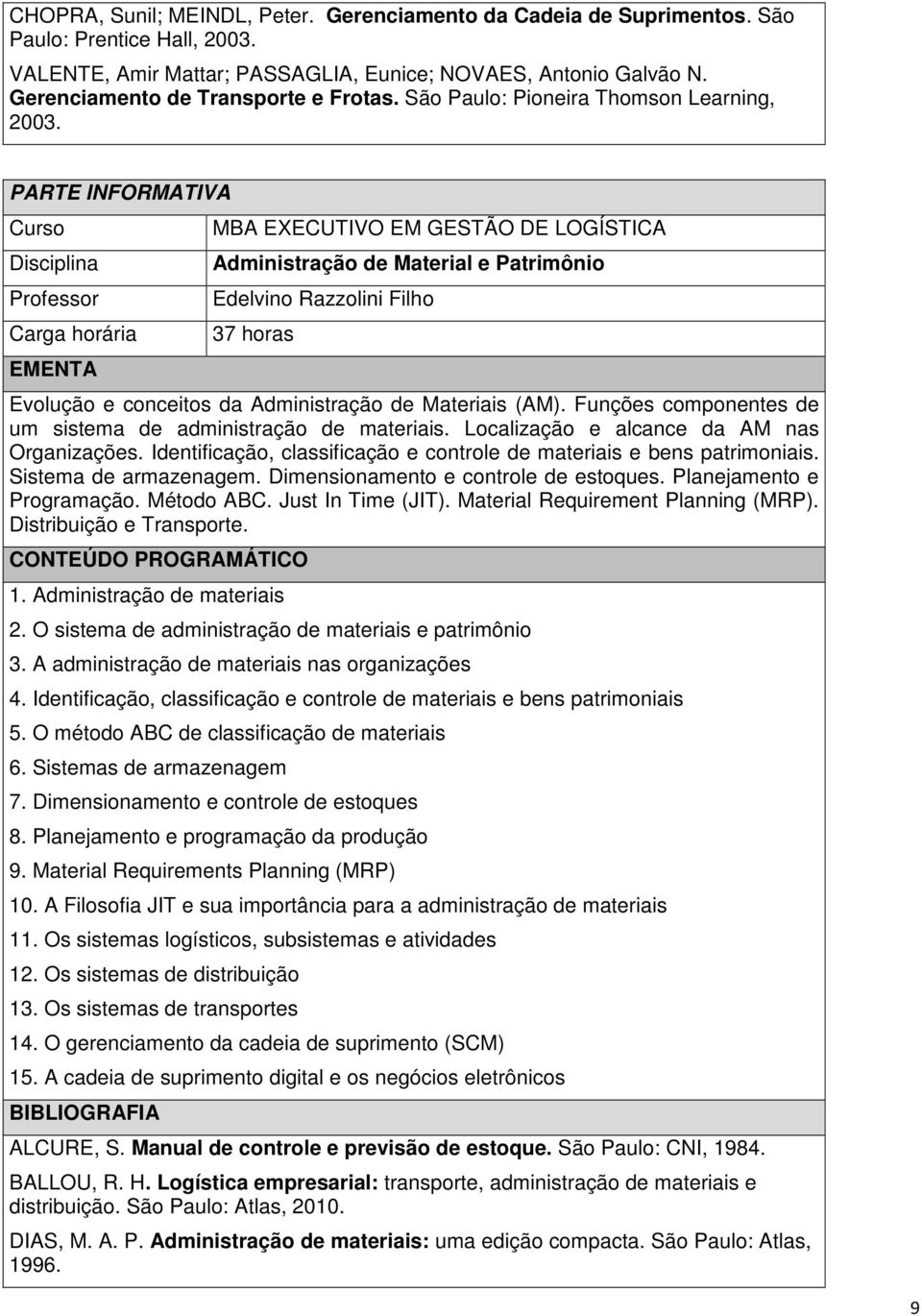 Administração de Material e Patrimônio Edelvino Razzolini Filho 37 horas Evolução e conceitos da Administração de Materiais (AM). Funções componentes de um sistema de administração de materiais.