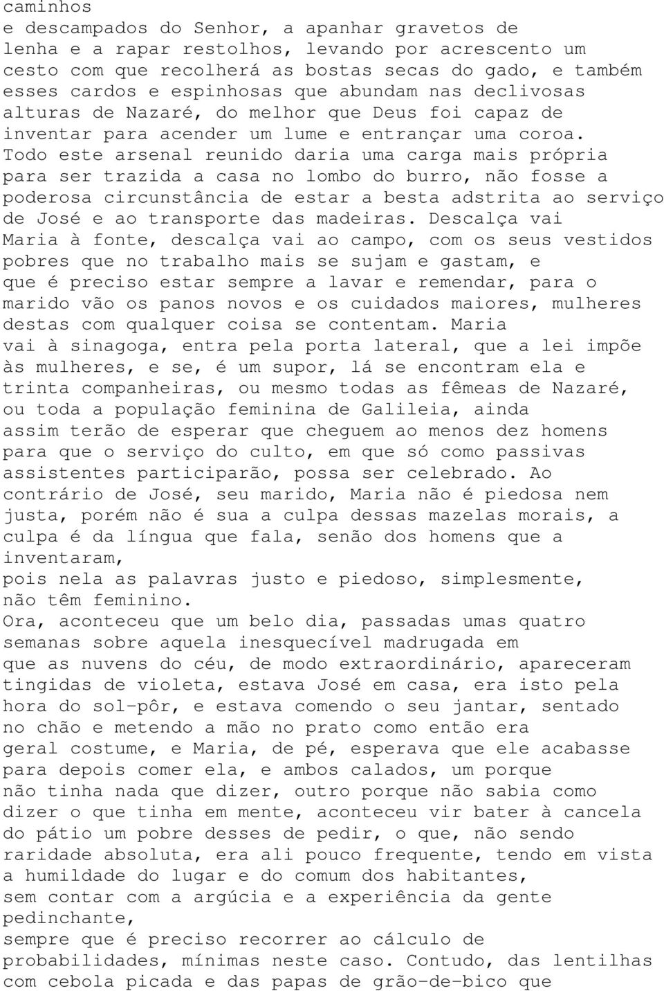 Todo este arsenal reunido daria uma carga mais própria para ser trazida a casa no lombo do burro, não fosse a poderosa circunstância de estar a besta adstrita ao serviço de José e ao transporte das