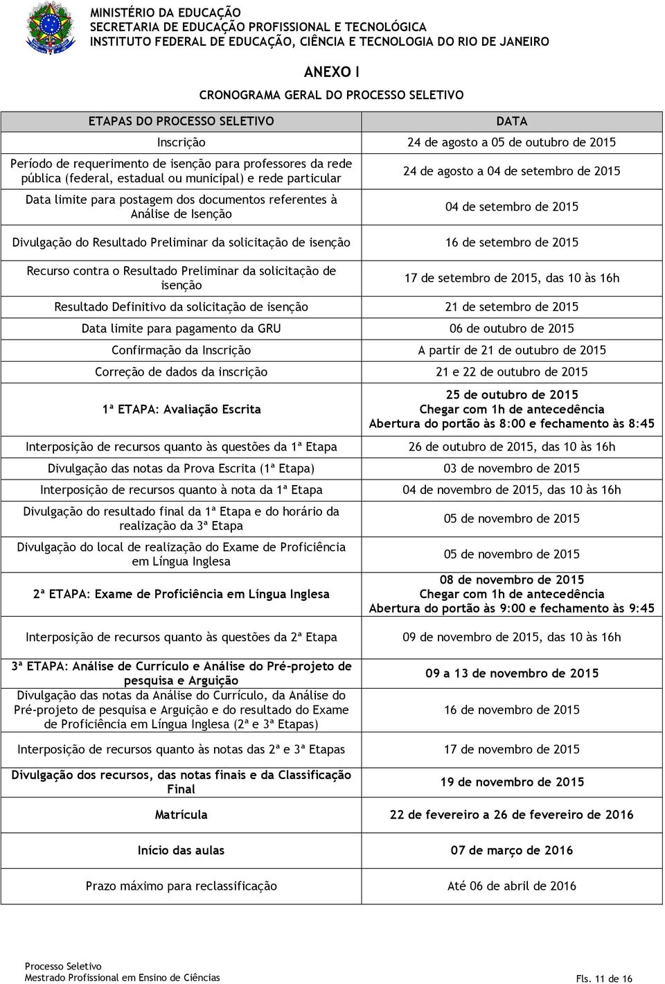 limite para postagem dos documentos referentes à Análise de Isenção 24 de agosto a 04 de setembro de 2015 04 de setembro de 2015 Divulgação do Resultado Preliminar da solicitação de isenção 16 de