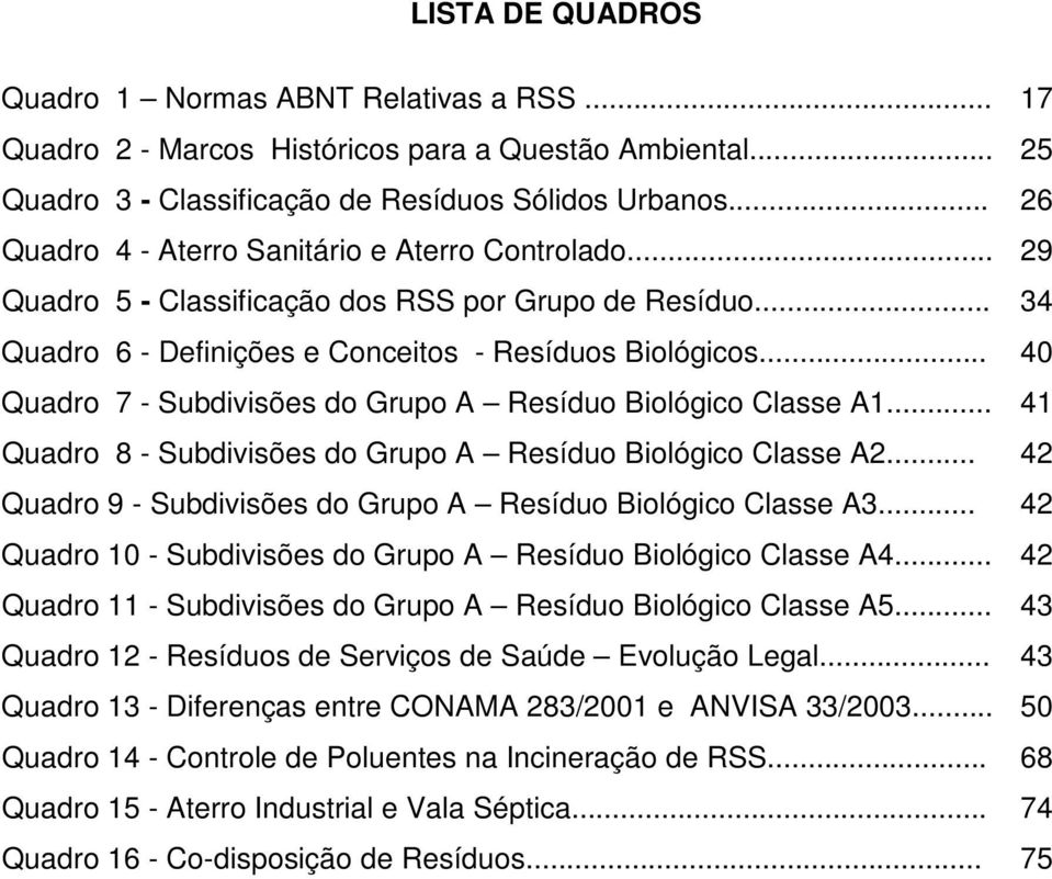 .. 40 Quadro 7 - Subdivisões do Grupo A Resíduo Biológico Classe A1... 41 Quadro 8 - Subdivisões do Grupo A Resíduo Biológico Classe A2.