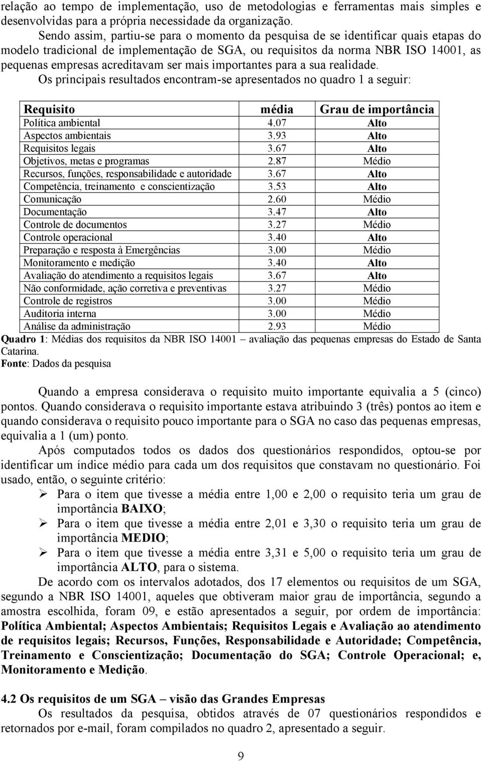 ser mais importantes para a sua realidade. Os principais resultados encontram-se apresentados no quadro 1 a seguir: Requisito média Grau de importância Política ambiental 4.