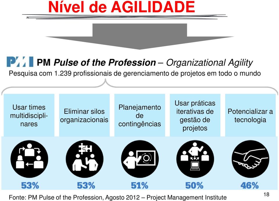 Eliminar silos organizacionais Planejamento de contingências Usar práticas iterativas de gestão