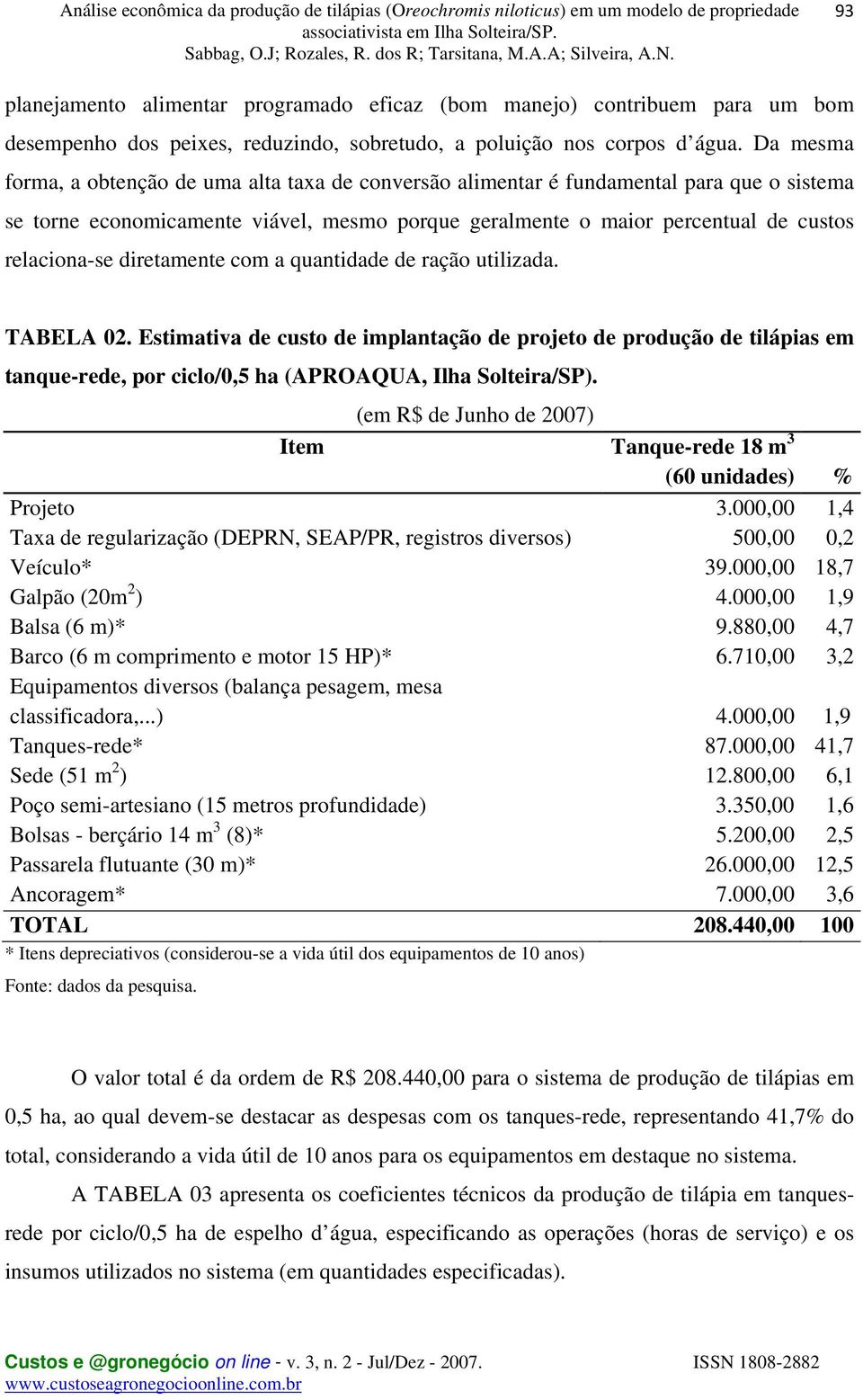 diretamente com a quantidade de ração utilizada. TABELA 02. Estimativa de custo de implantação de projeto de produção de tilápias em tanque-rede, por ciclo/0,5 ha (APROAQUA, Ilha Solteira/SP).