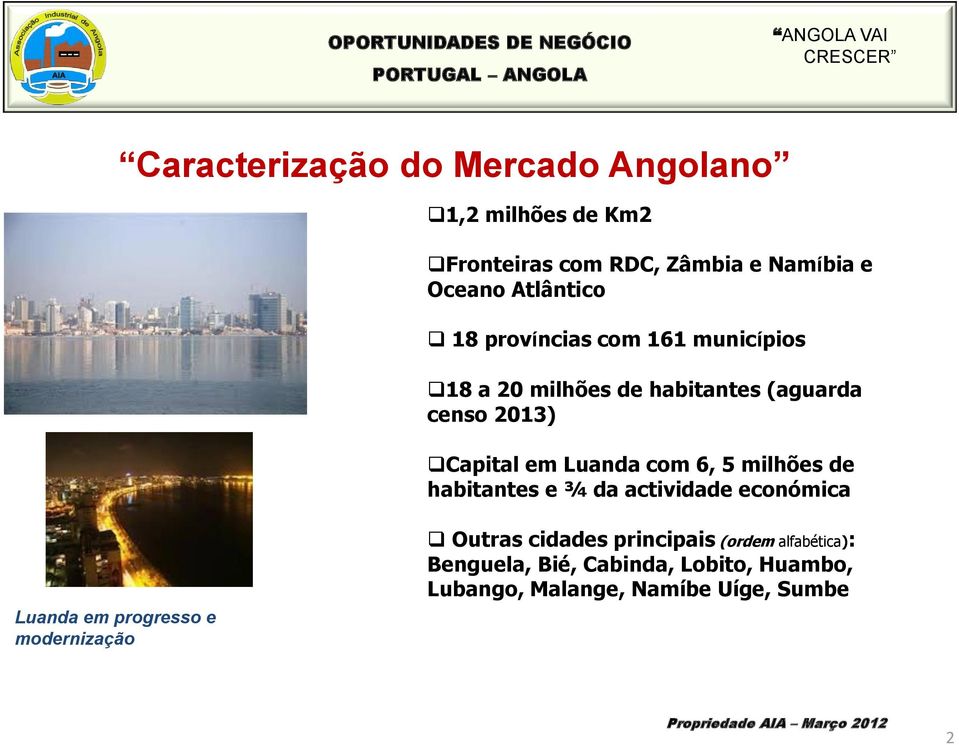 Capital em Luanda com 6, 5 milhões de habitantes e ¾ da actividade económica Luanda em progresso e modernização