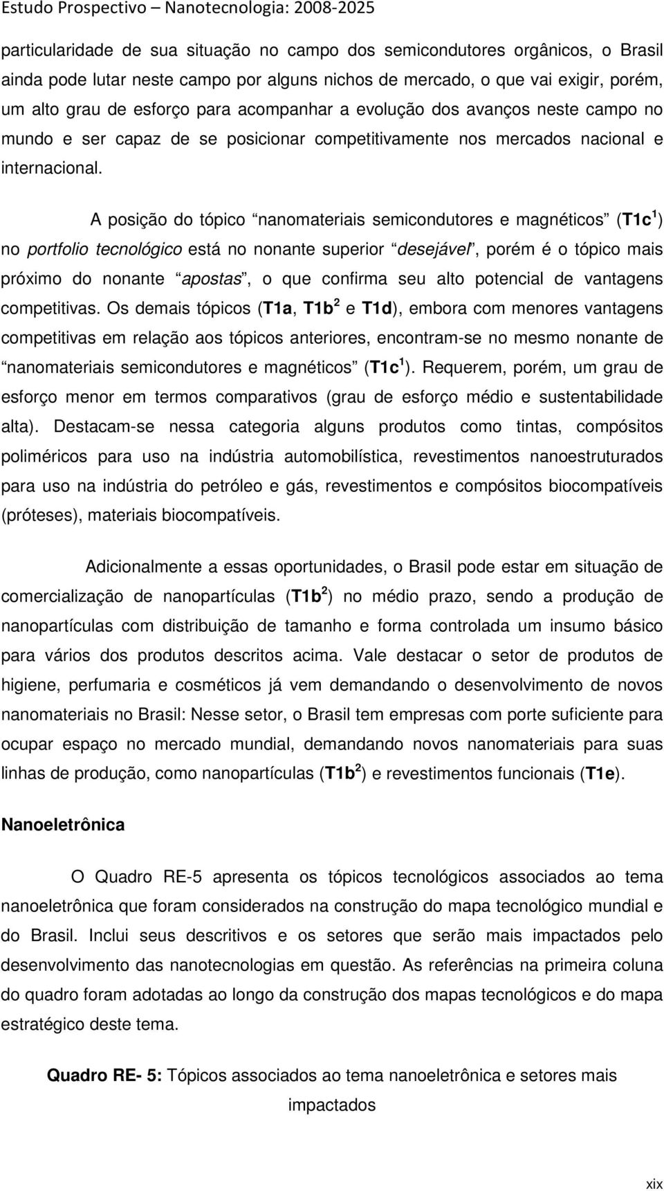 A posição do tópico nanomateriais semicondutores e magnéticos (T1c 1 ) no portfolio tecnológico está no nonante superior desejável, porém é o tópico mais próximo do nonante apostas, o que confirma